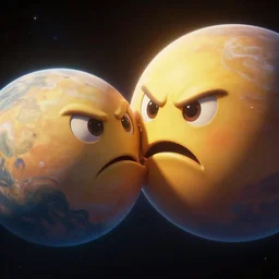 planet with a angry emoji face eating another planet on space, digital art, au naturel, hyper detailed, digital art, trending in artstation, cinematic lighting, studio quality, smooth render, unreal engine 5 rendered, octane rendered, art style by pixar