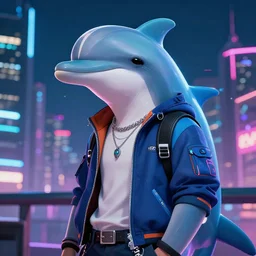 beautiful portrait commission of a male furry anthro dolphin fursona wearing cyberpunk skater clothes. Cyberpunk city at night