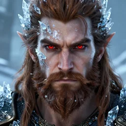 one male barbarian face with ice crystal shards, beautiful red eyes, brown hair, brown beard, beautiful graphics, fantasy artwork, very beautiful scenery, hd, hdr, ue 5, ue 6, unreal engine 5, cinematic 4 k wallpaper, 8 k, ultra detailed, by popular digital, details, beautiful image ever created, high resolution, artstation, award winning