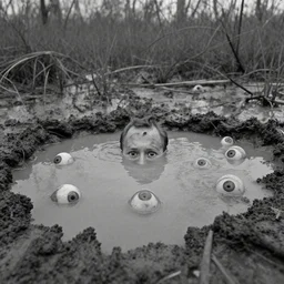 movie still by tarkovsky of several eyeballs in mud pond, swamp backround, cinestill 8 0 0 t 3 5 mm b & w, heavy grain, high quality, noir, natural textures, photorealistic, ambient occlusion, hd, ultra wide lens, anamorphic