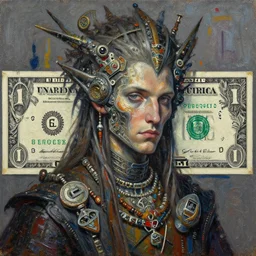 lennox louis on dollar bill by basquiat, trending pixiv fanbox, acrylic palette knife, style of fantasy character portrait, oil on canvas, intricate details, artifacts, highly detailed, art by john collier and albert aublet and krenz cushart, highly detailed, cinematic lighting, unreal