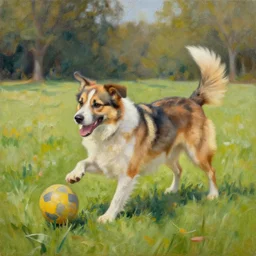 A dog playing the Park Oil Painting by Roger Stevenson, Detailed