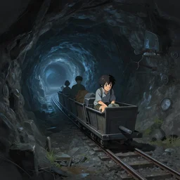 inside a dark claustrophobic mineshaft with minecart rails, a fantasy digital painting by makoto shinkai, greg rutkowski and james gurney, anime, trending on artstation, highly detailed