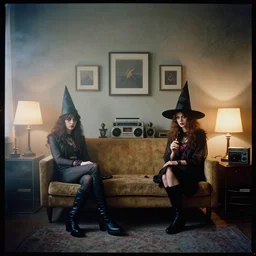 fujifilm velvia 5 0, wetplate, award - winning colour portrait : occult dadcore wizards and momcore witches bedroom record producers in a 1 9 6 0 s room, 1 9 6 0 s couch, reto hi - fi gear, square picture frames, haze, concrete, shining lamps, 1 9 6 0 s metal furniture, smoke, fog