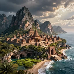 an ancient city near jagged peaks next to a mangrove swamp with luch caves near the ocean with a ruined portal nearby