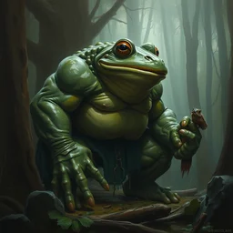 macro medium shot, rugged anthropomorphic muscular!!!!!!!!! oversized!!!!!!!! hulked!!!! frog as oversized green barbarian hunter in deep forest, oil painting by greg rutkowski and rembrandt
