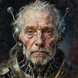 a beautiful painting of a portrait of organic old cyborg by other planet, front close - up, maximalist, front, symetrical close up, octane render, micro details, by peter mohrbacher, zaha hadi