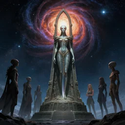 an ancient alien female monument staring into space at a supernova, queen of blades, by dorian cleavenger, by greg rutkowski, by wlop, by astri lohne, by zdzisław beksinsk