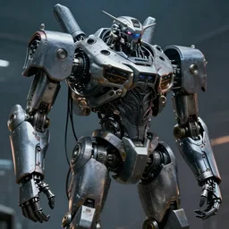 still of a mech with many wires and cables hanging from its joints from a big budget scifi movie