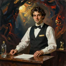 hell's concierge welcoming you into the abyss, in the style of ilya repin
