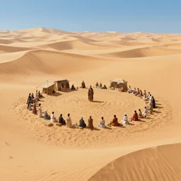 extreme long shot of a sacred warrior isolated community living in an oasis in the middle of a large sand desert, digital painting, matte painting, highly detailed, art by mappa, art by kyoani, art by wit studio, art by studio bind