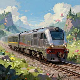 cyberpunk locomotive on railroad through beautiful fantasy landscape. digital render. digital painting. beeple. noah bradley. cyril roland. ross tran. trending on artstation.