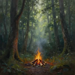 A Craig Mullins oil painting of a hauntingly beautiful forest in the morning with a small campfire; rays of light coming through the canopy; trending on artstation; extraordinary masterpiece!!!!!!; 8k
