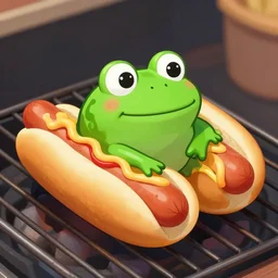 pepe the frog in a hot dog bun piled on a grill