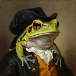 a head and shoulders portrait painting of an anthropomorphic!!!!!!!!!! amazon milk frog!!!!!!!!!! wearing a colonial outfit without a hat looking off camera, a character portrait, neoclassicism, oil on canvas, visible brushstrokes