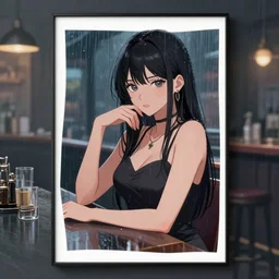 pretty woman in a bar, by wlop, rain, poster, anime key visual, artstation