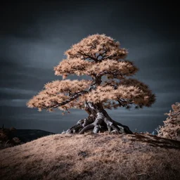 award winning infrared photography of andy lee, strange shaped bonsai tree on a small hill, moody, dramatic lighting, rule of thirds, wide angle lens, long exposure