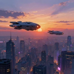 Flying spaceships over a cyberpunk city at sunset by Sparth, by angrymikko, neon lights, Impressionism, Romanticism, hyper detailed, concept art, artstation