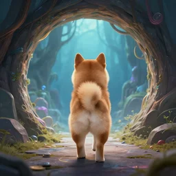 shiba inu puppy warrior walks through a dimensional portal,back view, Fantasy Art