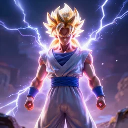 jesus Christ as super saiyan, lightning in the sky, glowing, highly detailed, focus, photorealistic, cryengine