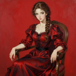 beautiful woman with braided brown hair, wearing an elegant dress, and sitting on a chair, highly detailed, painting, red and black color palette, intricate, high quality anime artstyle, in the style of ilya kuvshinov