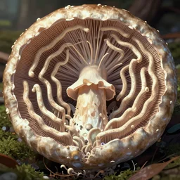 dissected mushroom with a mycelium maze inside, by yoshitaka amano, color grading, dramatic, macro view, 3 d, megapixel, good, ineffable, powerful, massive scale, clavaria - zollingeri, diffraction grading, ray traced, anti - aliasing, in a symbolic and meaningful style