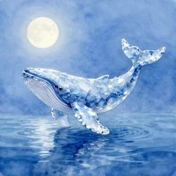 a crystal whale from the azure ocean, moonlight shining through the lake in the water, the dreamy crystal atmosphere ， watercolor style ， super wide angle ， matte painting ， rtx on ， trending on cgsociety and artstation, volumetric light ， hyper - realism