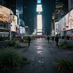 film still of post apocalyptic empty time square at midnight, overgrown with wildlife walking through in the new sci - fi movie, 8 k