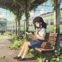 advanced digital art. A beautiful girl is sitting on a bench reading in an abandoned train station that is overgrown with vines and flowers, Digital Anime pastel painting, Sakimichan, WLOP, RossDraws, pixivs, Makoto Shinkai. —H 2160