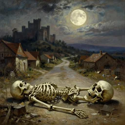 old village, long road, skeleton corpse, oversized destroyed skull on ground, old castle in far background, dramatic sky, ground broken, strong backlight, big moon, oil painting landscape by frazetta