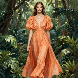 melon colored dress, fashion illustration by eko nugroho, jungle background, finely detailed