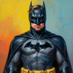 brad pitt as batman, vivid colors, photorealistic painting by mandy jurgens, trending on artstation, photorealism, detailed painting, behance hd, hyper realism