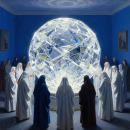 worshippers in robes huddled around a very complex gigantic reflective glowing glass crystal tesseract orb violently illuminating a small room, very bright white light, small room, enlightening, high detailed beksinski painting, part by adrian ghenie and gerhard richter. masterpiece, deep colours, blue, bright white