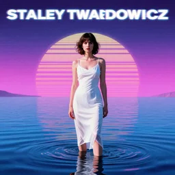 a woman in a white dress standing in the water, an album cover by stanley twardowicz, trending on cg society, retrofuturism, retrowave, chillwave, synthwave