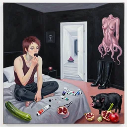 painting of queer artist's bedroom with black walls, emo artist eating blackberries, knife, tesla model x, paint tubes, a liminal doorway to the future, zen, high black boots, pomegranate, a black pig, courgette, octopus, sensual, acrylic and oilstick on canvas