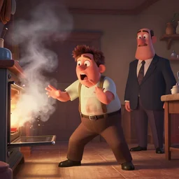 principal skinner reacting in shock to smoke coming out of his oven, as superintendent chalmers approaches. pixar art style