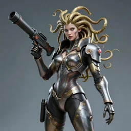 photo of medusa in cyberpunk armour holding a bazooka