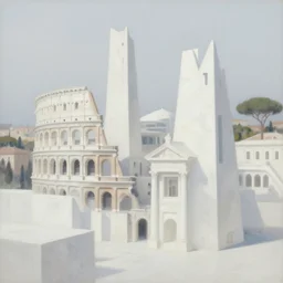 utopian city made out of glistening, white marble, nature backdrop, fusion between historical and modern futuristic architecture, rome, minimalism, oil painting