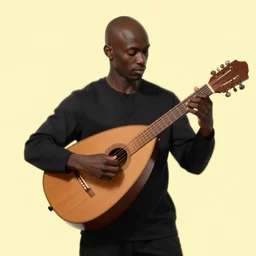 dark - skinned male knight lute player playing the lute, victo ngai, kilian eng, lois van baarle, bald, pale yellow background