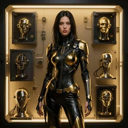 beauty woman wrapped in black and gold, full pallet image, Blade runner artifacts, electronic case display, cyberpunk tech, ultrarealistic, futuristic, back lit, dramatic lighting, electrical details, high details, 4k, 8k, best, accurate, trending on artstation, artstation, photorealism, ultrarealistic, digital painting, style of Peter Mohrbacher, Caravaggio, Caravaggio, Boris Vallejo, Hajime Sorayama