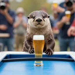 otter celebrating winning beer pong tournament ,photo realistic