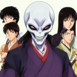 a samurai with an extremely scary alien head, by takehiko inoue and kim jung gi and hiroya oku, masterpiece illustration, ultrarealistic, perfect face and anatomy, golden ratio