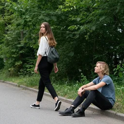 a tall short woman man with long short hair that is brown blonde walking sitting on a street forest