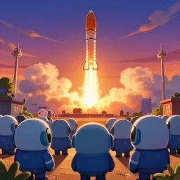 a crowd of kerbals from kerbal space program watching a rocket launch at sunset, digital art - n 4