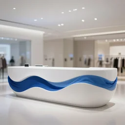 wide angle studio photo, interior design, modernism, minimalism, inside the department store counter, a counter using the waves as a design concept is made of white paint and various blues cloth, cinematic, 8 k, wave, concept art, trending on artstation, gorgeous, bokeh
