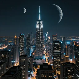 Skyline of a cyberpunk city with a planet in the sky, nighttime, hyperdetailed, artstation, cgsociety, 8k
