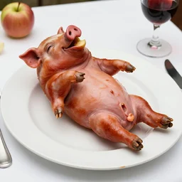 nigel farage!!!!! cooked like a suckling pig, apple in mouth, fetal position on plate, plated on dinner table.