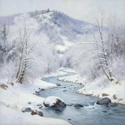 A beautiful landscape oil painting of a hill with trees, the winter has arrived and the leafs are covered with snow to become white, the river is zigzagging and and frozen, the river has lots of dark grey rocks, by Greg Rutkowski
