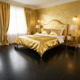 a gold themed bedroom with black tile floor