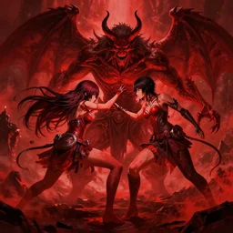 arteus fighting demons, hell, kojima harakemo, miizoku olaatana, zimz kowinski, octane render, fantasy, red art, digital art, dreamcore